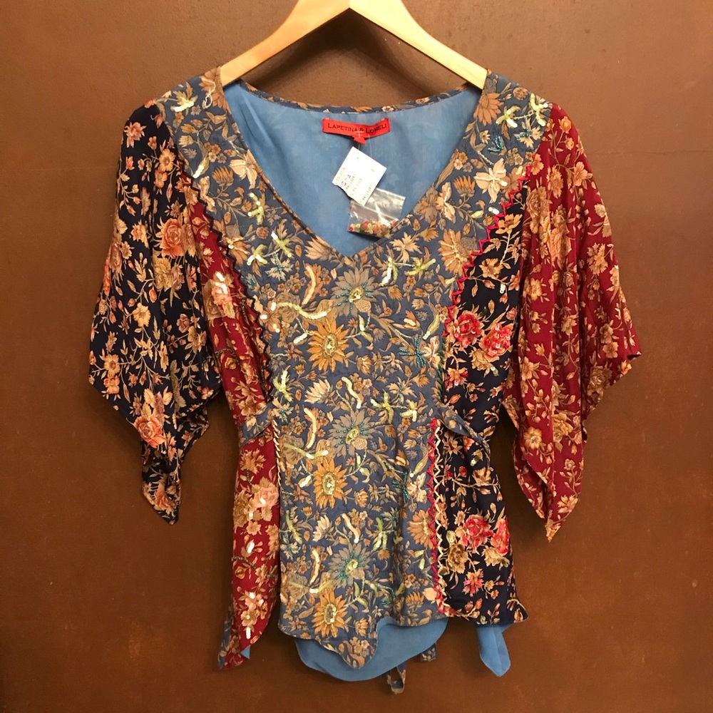 🆕 Boho Chic Silk Sequin Peasant Blouse